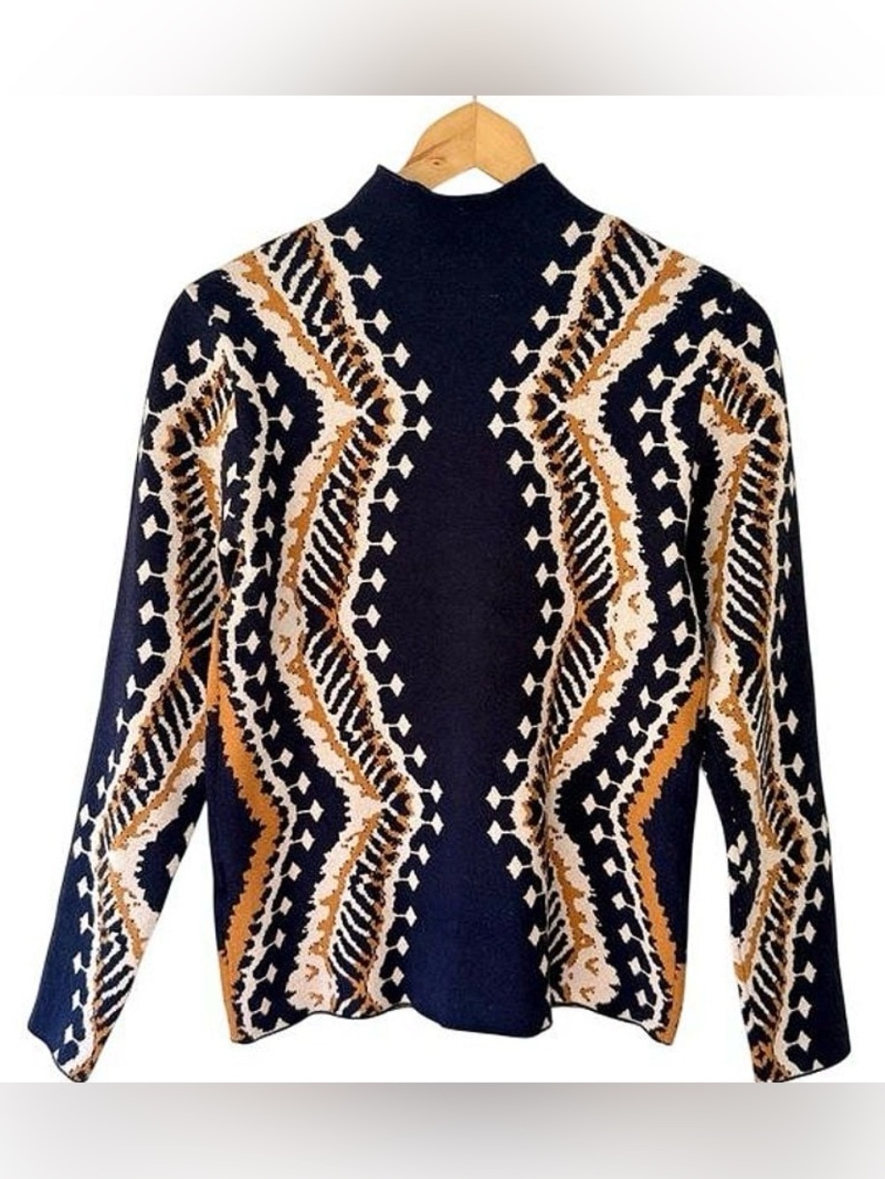 FARM Rio Long Sleeve Knit Lightweight Sweater Navy Gold